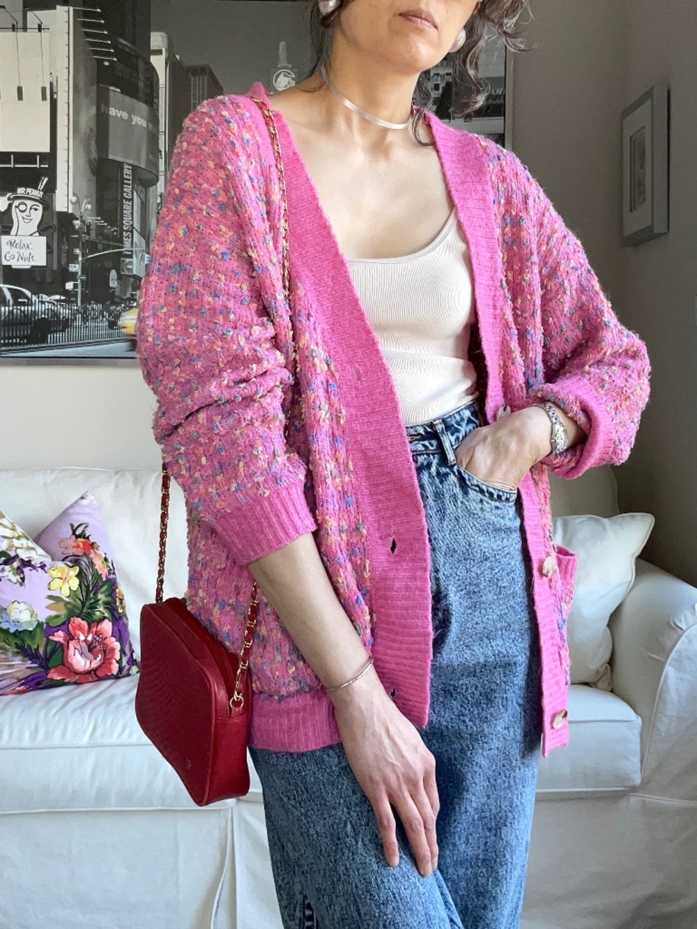 Tweed-look soft knit cardigan